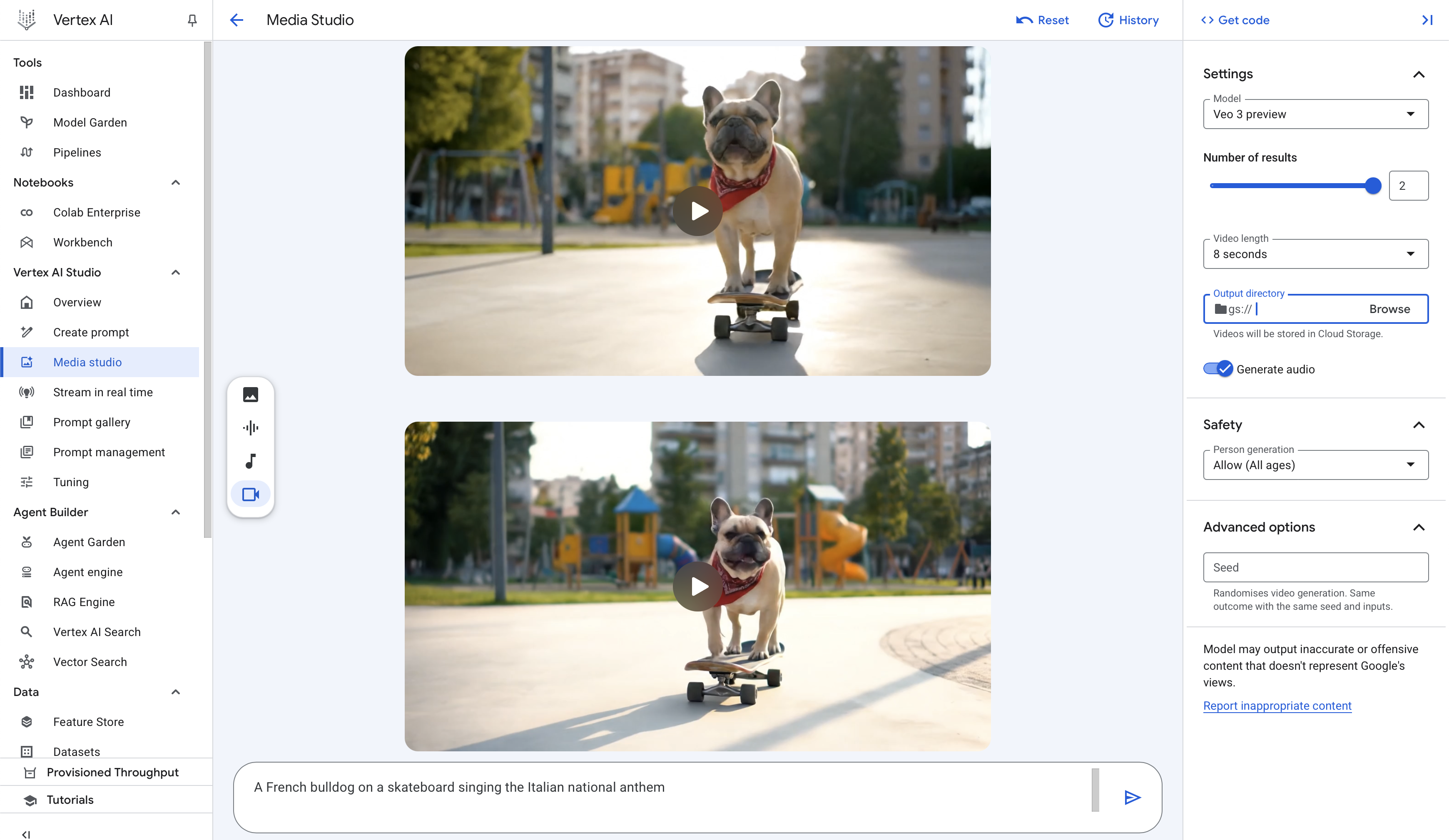 Screenshot of Google Veo 3 in Vertex AI