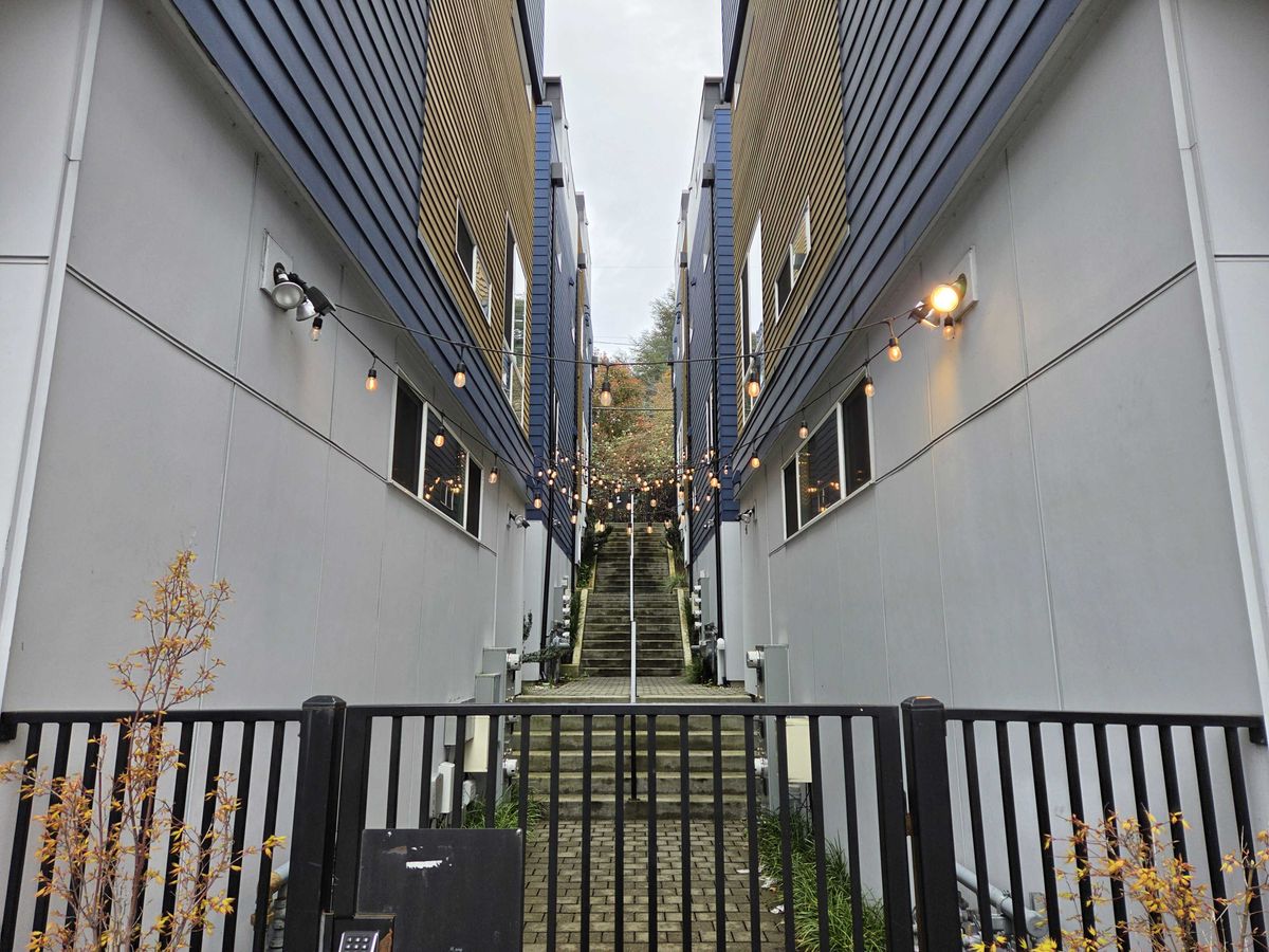 A staircase between two buildings and lights strung between them