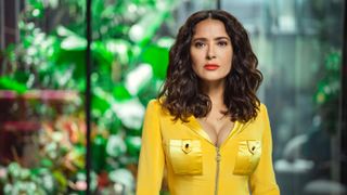 Salma Hayek in a yellow jumpsuit for Black Mirror season 6
