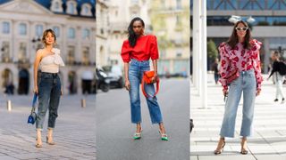 A composite of street style influencers wearing christmas party outfits jeans and a nice top