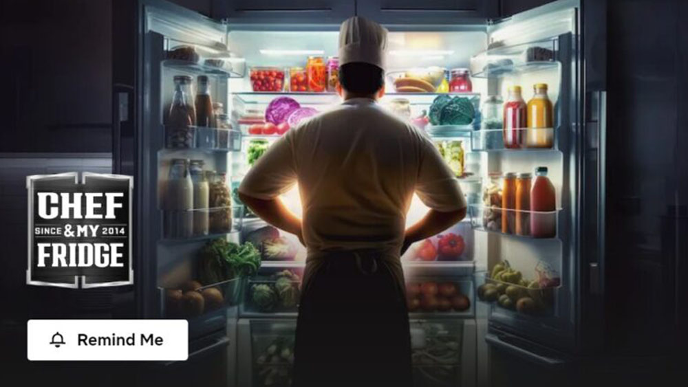 An image of a chef looking in a fridge that may be AI generated