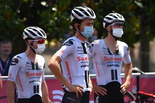 SIENA ITALY AUGUST 01 Start Tiesj Benoot of Belgium and Team Sunweb during the Eroica 14th Strade Bianche 2020 Men a 184km race from Siena to SienaPiazza del Campo StradeBianche on August 01 2020 in Siena Italy Photo by Tim de WaeleGetty Images