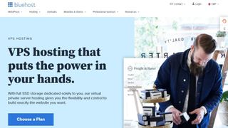 Bluehost VPS hosting website homepage featuring bearded hipster