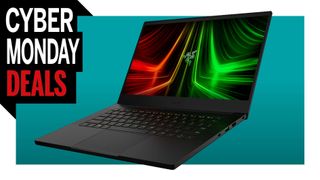 Razer gaming laptop on a colored background, with a Cyber Monday deals logo