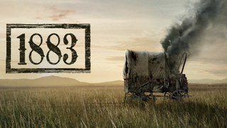 1883 TV series title picture with smoking wagon on the plains