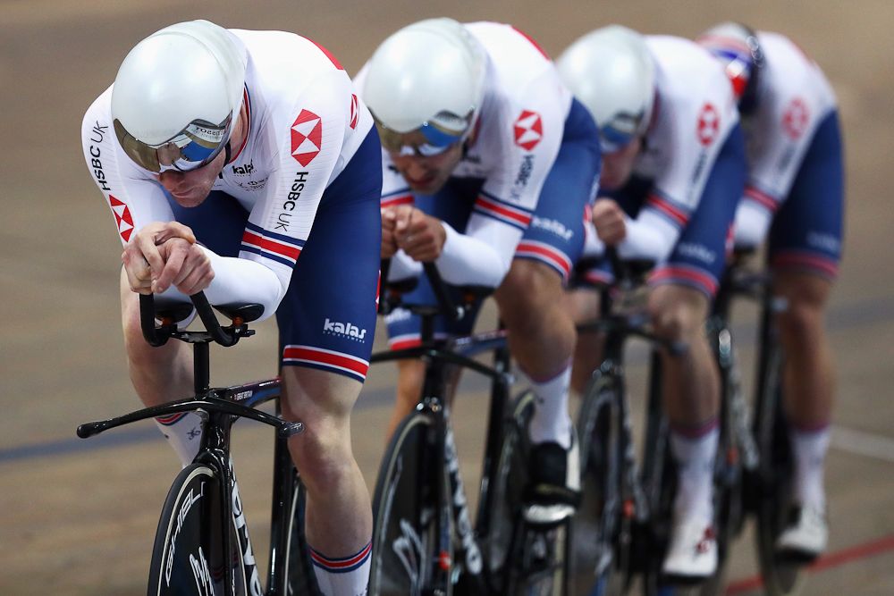 Ethan Hayter, Edward Clancy, Oliver Wood and Kian Emadi of Great Britain or Team GB compete in the men's pursuit qualifying on day one of the UCI Track Cycling World Championships