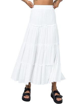 Women's Tiered Long Skirts Fall Drawstring Elastic Waist Solid Color Ruched Midi Skirts Side Split Long Skirts (zc-White, L)