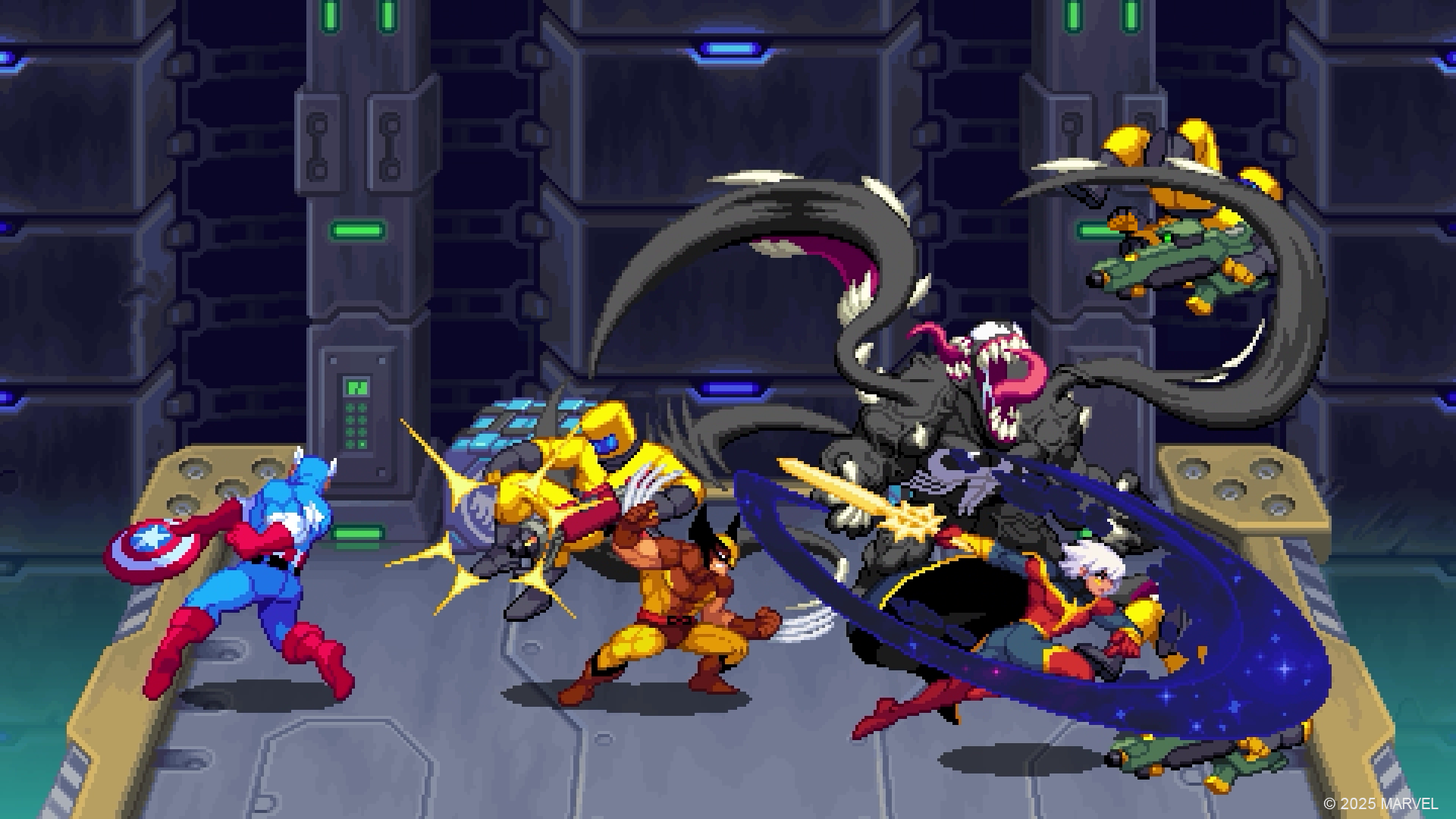 Captain America, Venom, Wolverine, and Phyla-Vell fighting enemies on an elevator platform in Marvel Cosmic Invasion.