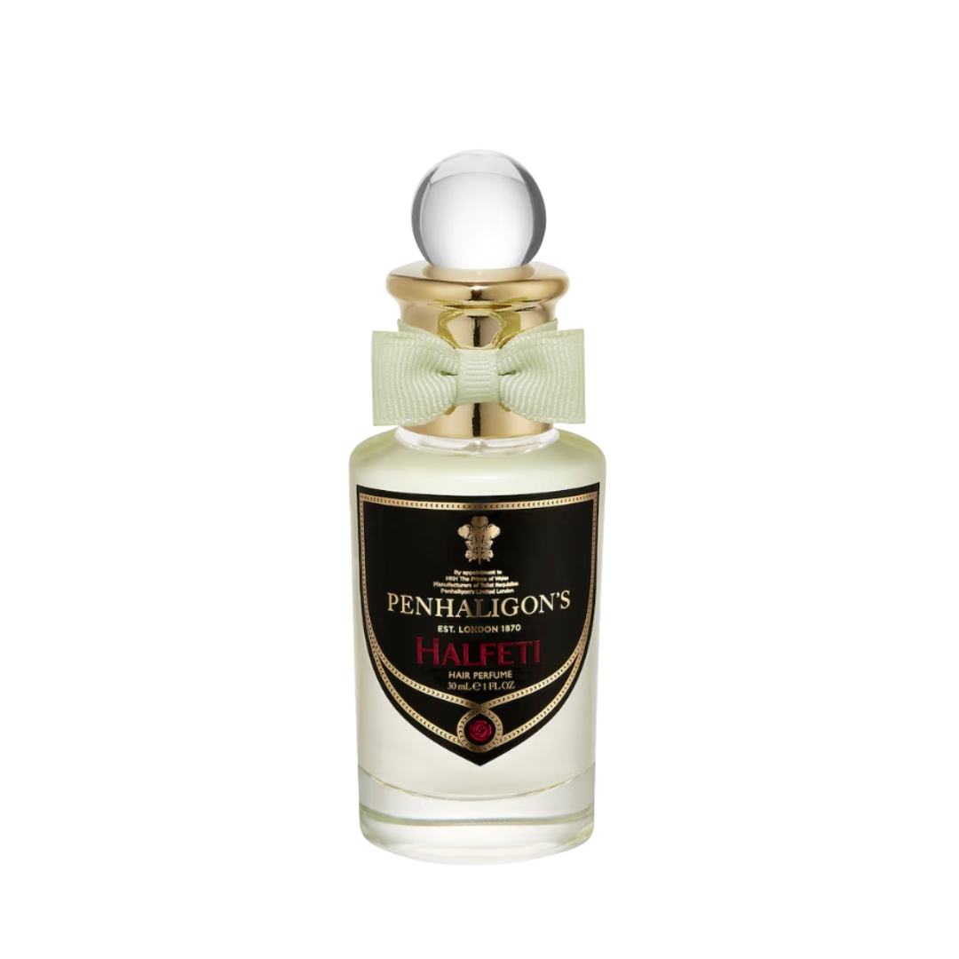 A product shot of the Penhaligon's Halfeti hair perfume, on a white background