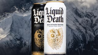 Two tall cans of "Liquid Death" water, one black sparkling and one white mountain water, with a gold logo of a melting skull, set against a backdrop of snowy mountains.