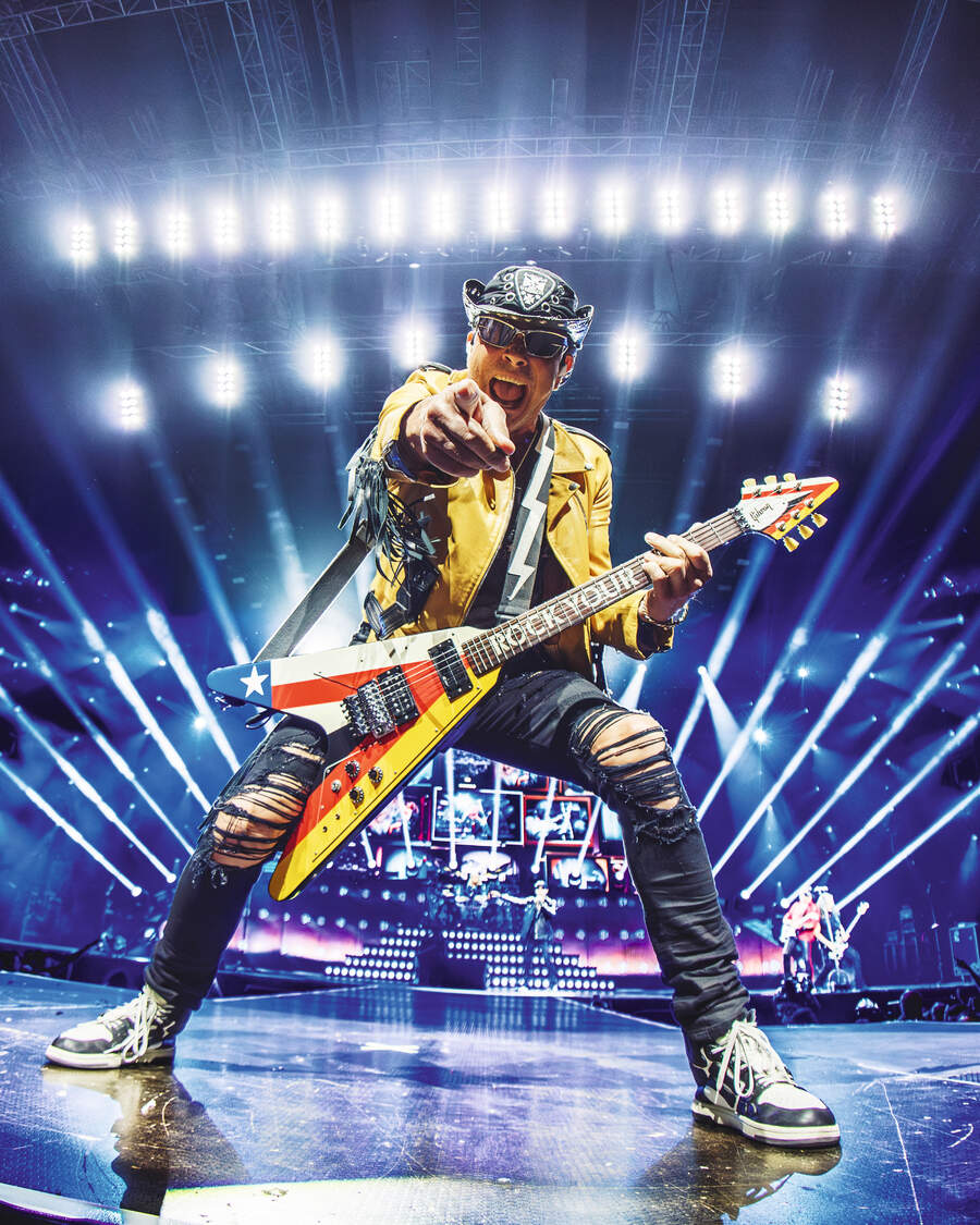 Rudolf Schenker of Scorpions performs in concert at Wizink Center on July 16, 2024 in Madrid, Spain.