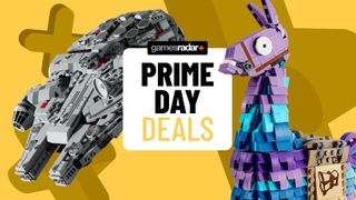 Lego Millennium Falcon and Loot Llama on either side of a 'Prime Day deals' badge, all against a yellow background