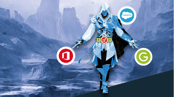 Assassin&#039;s Creed hooded figure with Outlook, Salesforce, and Google icons in circles around him