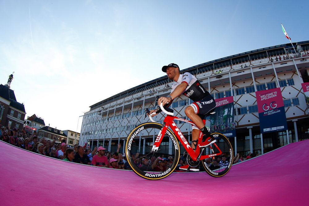 Fabian Cancellara rides onto stage at the Giro team presentation
