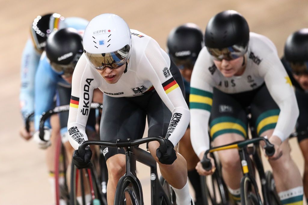BERLIN GERMANY MARCH 01 Emma Hinze L of Germany competes against Stephanie Morton of Australia at Womens Keirin Quarterfinals during day 5 of the UCI Track Cycling World Championships Berlin at Velodrom on March 01 2020 in Berlin Germany Photo by Maja HitijGetty Images