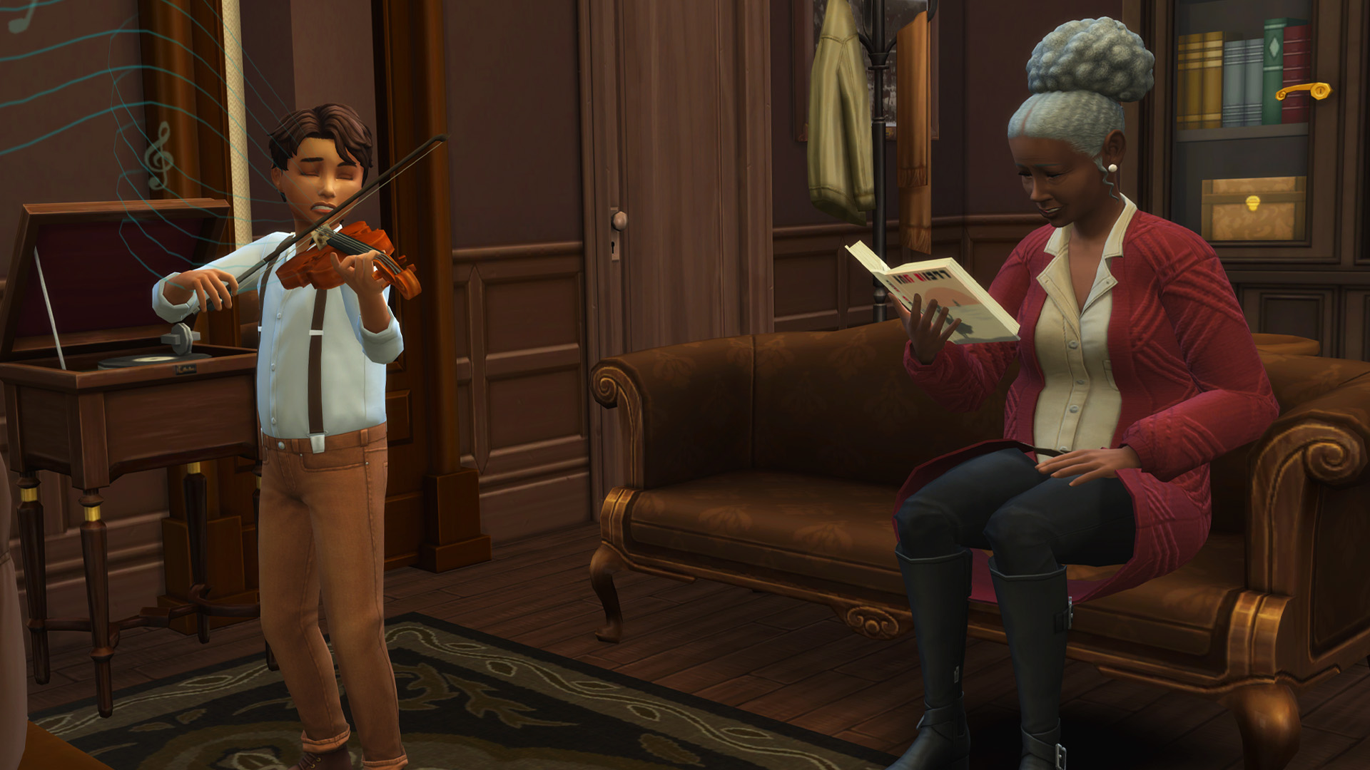 The Sims 4 - An older Sim is sitting on the couch reading while a kid Sim stands close by practicing the violin.