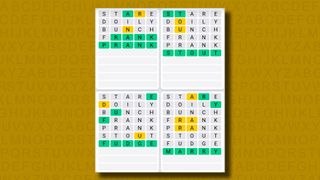 Quordle Daily Sequence answers for game 1003 on a yellow background