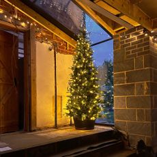 lit christmas tree in a half-renovated extension