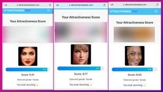 Screencapture of Attractiveness Test showing Kyle Jenner, Taylor Swift, Beyonce