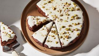 on overhead shot of cocoa-yogurt cake cut into slices