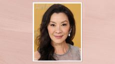 Michelle Yeoh is pictured with side-swept curly hair and coral-pink blush on her cheeks at the 31st Annual Screen Actors Guild Awards at Shrine Auditorium and Expo Hall on February 23, 2025 in Los Angeles, California/ in a pastel pink template