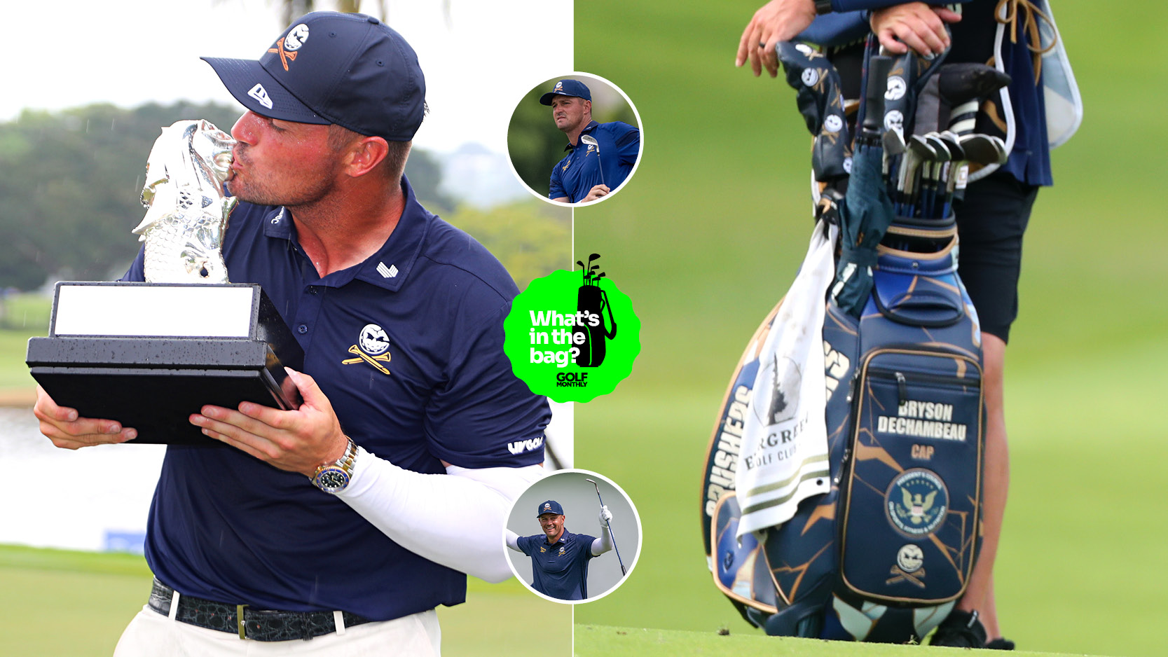 Bryson DeChambeau kisses a trophy and a close up of his golf bag