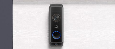 The front view of the Eufy Video Doorbell Dual on a white wall