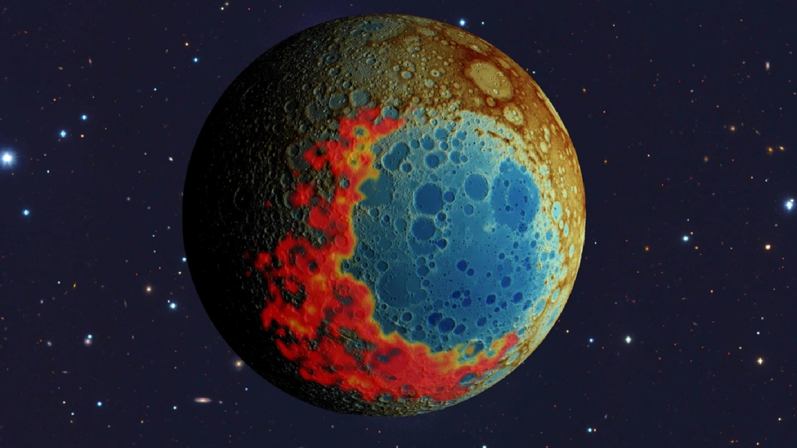 An artist's illustration of the moon showing a large layer of KREEP surrounding the South Pole-Aitken basin