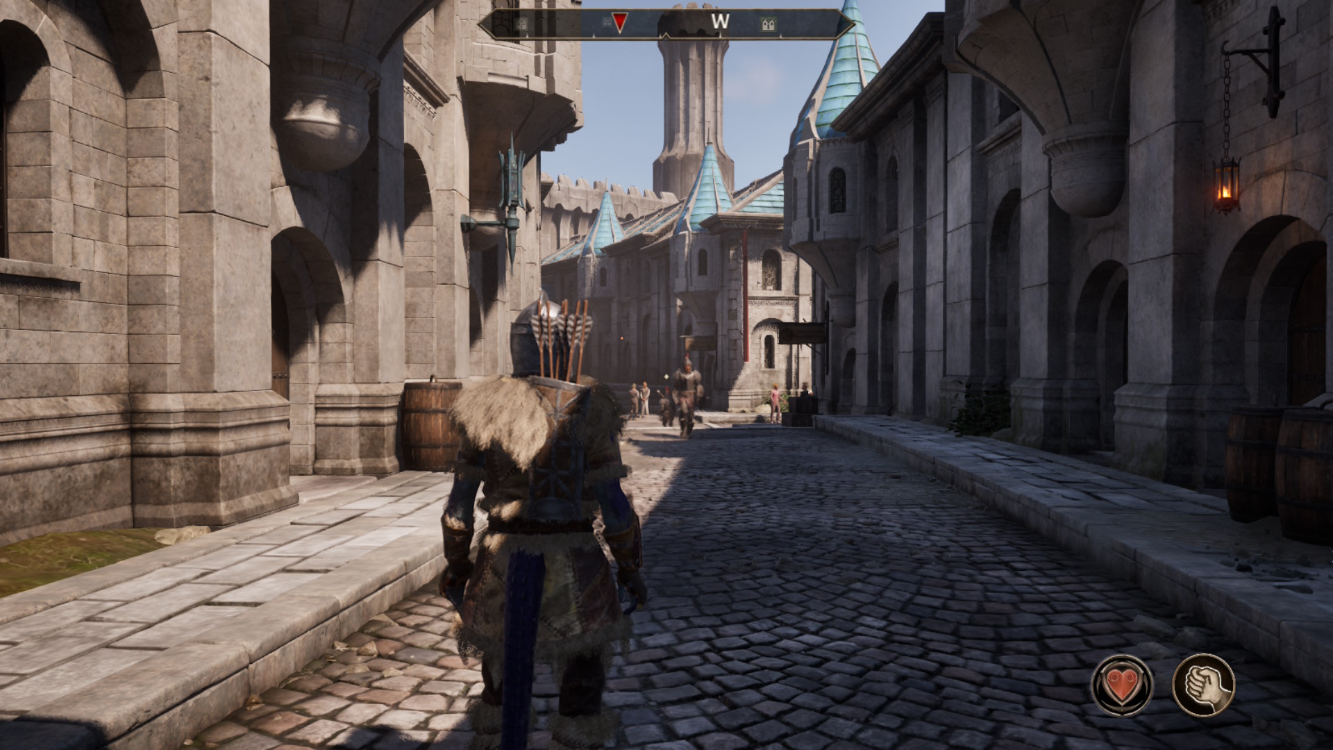 Oblivion Remastered Switch 2 gameplay showing the player character in fur armor walking through Imperial City