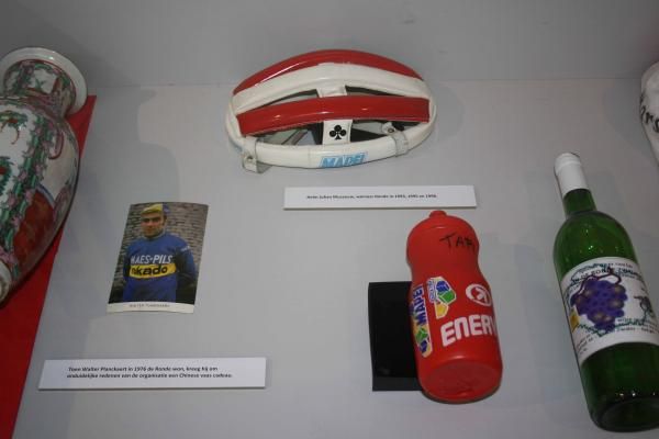 Johan Museeuw's famous "hairnet" helmet and a bidon used by Andrea Tafi en route to victory in 2002.