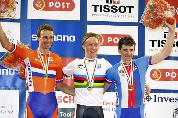 Points race podium (l-r): Peter Schep (Netherlands), 2nd; Cameron Meyer (Australia), 1st; Milan Kadlec (Czech Republic), 3rd.