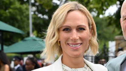 Zara Tindall attends day ten of the Wimbledon Tennis Championships at the All England Lawn Tennis and Croquet Club on July 10, 2024
