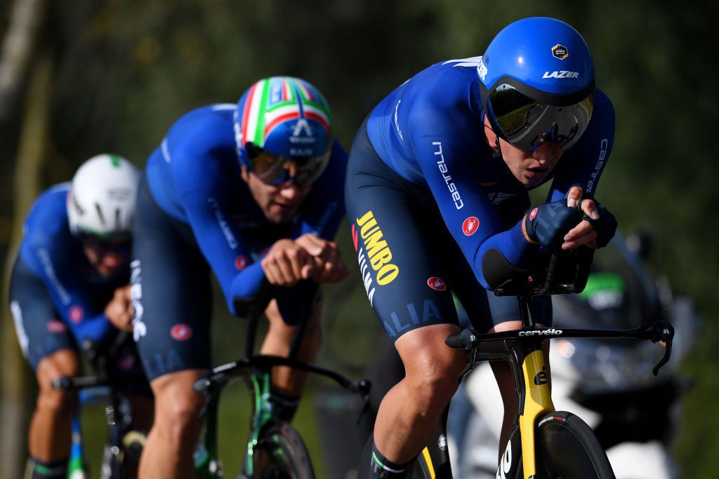 BRUGES BELGIUM SEPTEMBER 22 Edoardo Affini of Italy sprints during the 94th UCI Road World Championships 2021 Team Time Trial Mixed Relay a 445km race from KnokkeHeist to Bruges flanders2021 TT on September 22 2021 in Bruges Belgium Photo by Tim de WaeleGetty Images