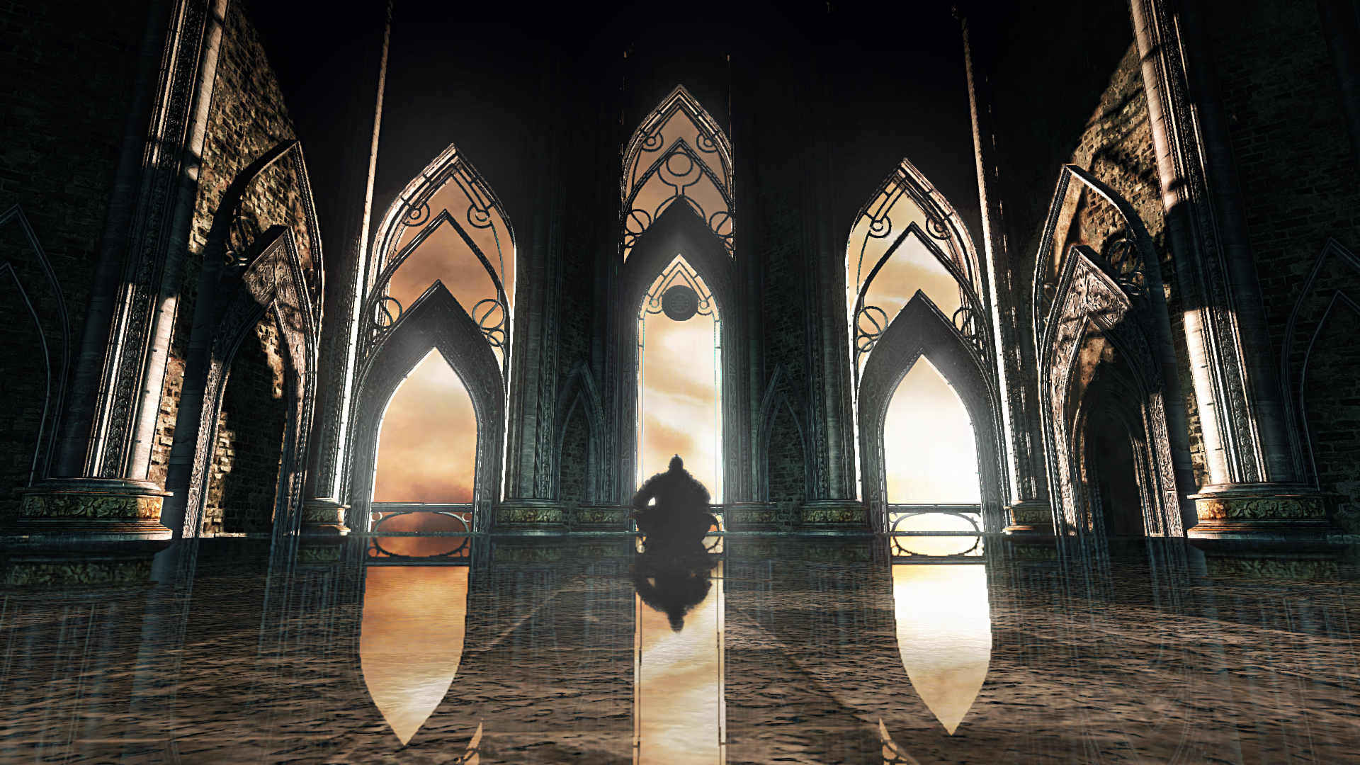 Sir Alonne sitting in his boss room in the Crown of the Old Iron King Dark Souls 2 DLC.