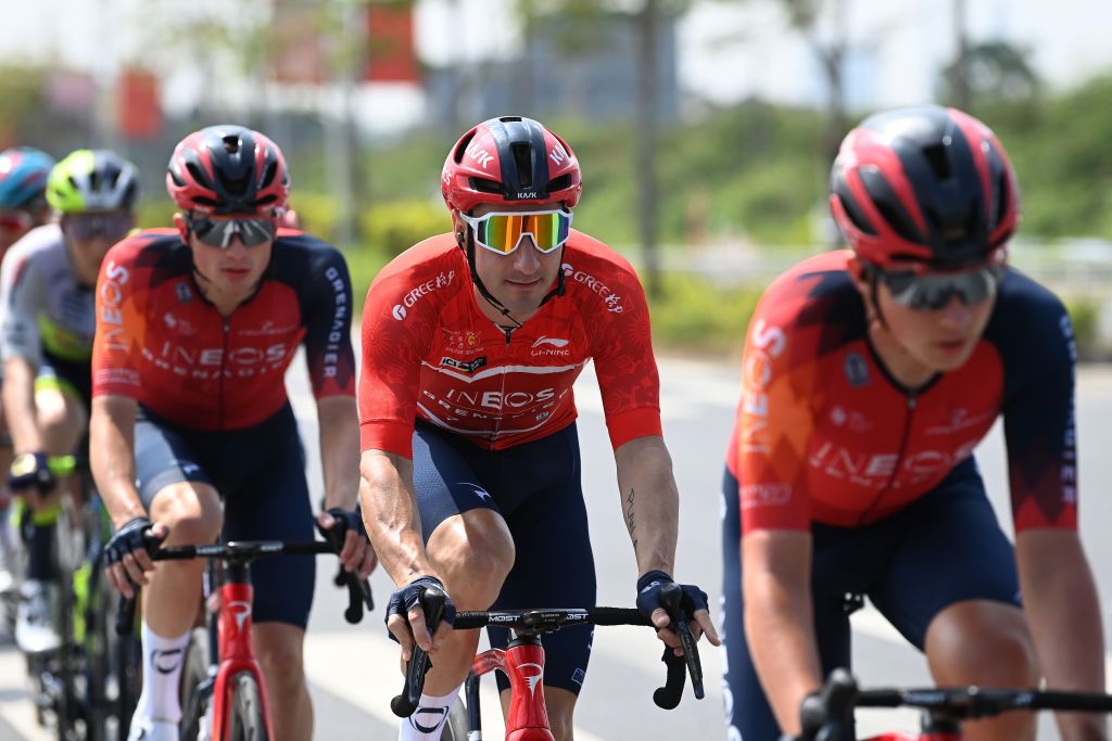 BEIHAI CHINA OCTOBER 13 Elia Viviani of Italy and Team INEOS Grenadiers Red Leader Jersey prior to the 4th GreeTour of Guangxi 2023 Stage 2 a 1496km stage from Beihai to Qinzhou UCIWT on October 13 2023 in Beihai China Photo by Tim de WaeleGetty Images
