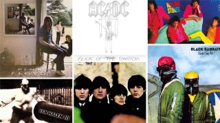 Album covers by Piink Floyd, AC/DC, The Rolling Stones, Van Halen, The Beatles and Black Sabbath