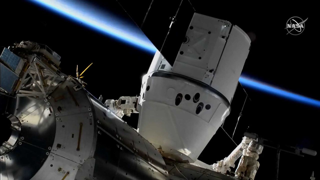 SpaceX's Dragon CRS-20 cargo ship is attached to the International Space Station after being captured via robotic arm on March 9, 2020.