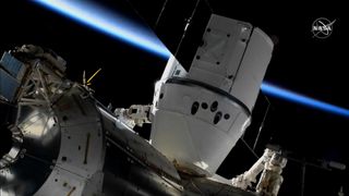 SpaceX's Dragon CRS-20 cargo ship is attached to the International Space Station after being captured via robotic arm on March 9, 2020.