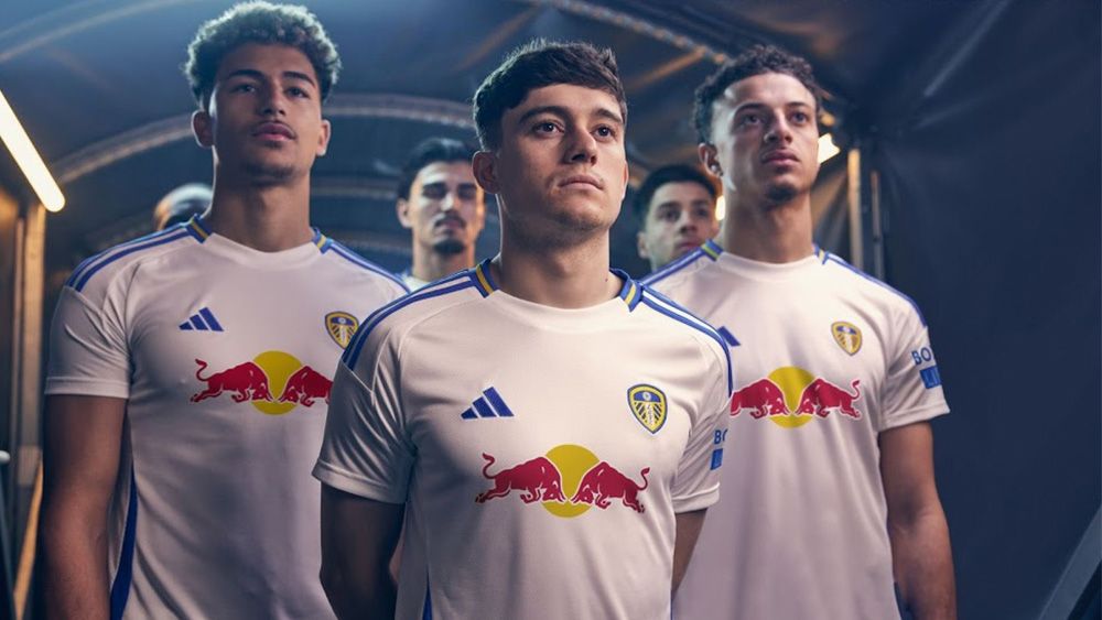 Leeds United kit featuring the Red Bull logo