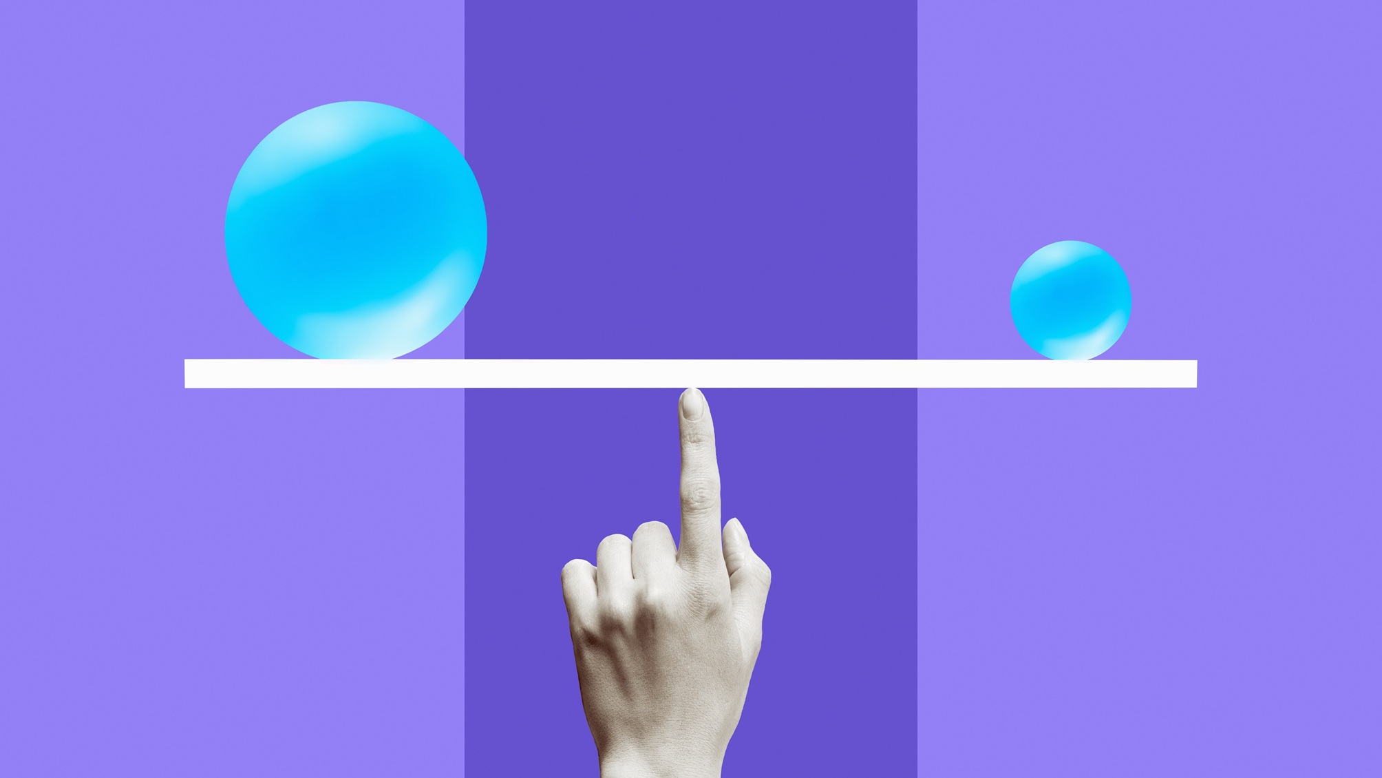 A blue ball and a smaller blue ball balanced on a white line with a finger appearing to hold it up.
