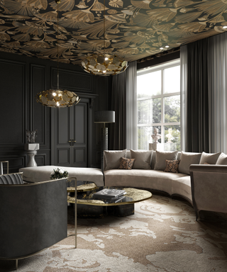 Luxurious living room with opulent gold wallpaper ceiling, sinuous couch in cream and gilded accents throughout