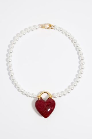 Pearl Necklace With Red Glitter Heart