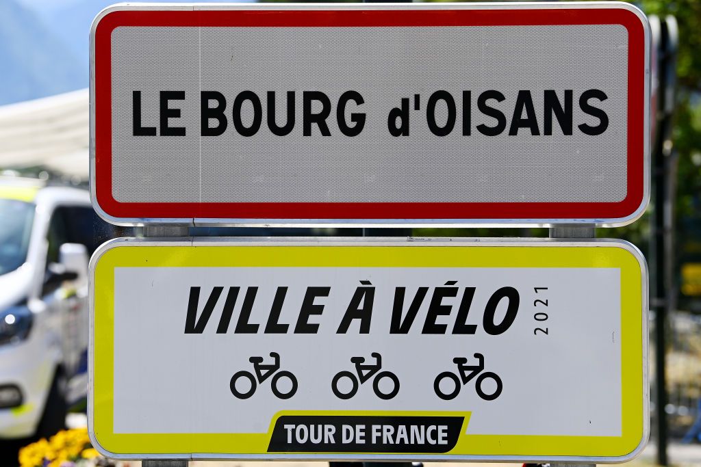 SAINTETIENNE FRANCE JULY 15 Sign detail view at Bourg dOisans start village prior to the 109th Tour de France 2022 Stage 13 a 1926km stage from Le Bourg dOisans to SaintEtienne 488m TDF2022 WorldTour on July 15 2022 in SaintEtienne France Photo by Tim de WaeleGetty Images