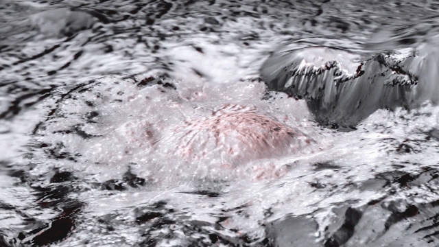 An animation stitches together images showing briny deposits, colored in reddish, splaying across Occator Crater on Ceres, as seen by NASA's Dawn mission.