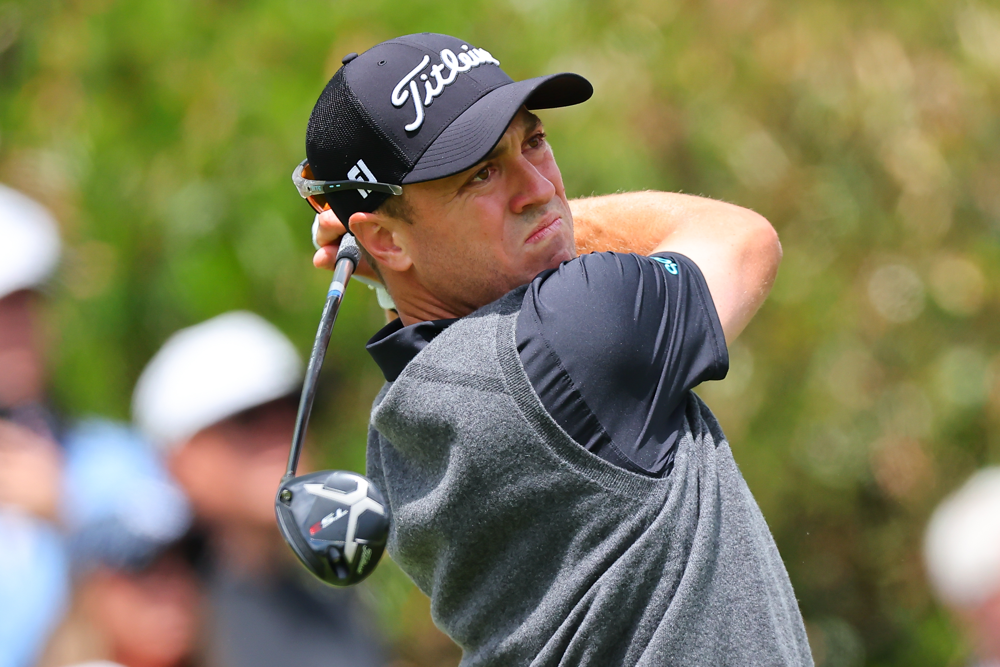 Justin Thomas of the United States tees off at the first tee during round 1 of the 2026 PGA Championship at Aronimink Golf Club