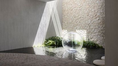 An outdoor pond with a fountain and vines growing around