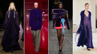 Models wearing the purple color trend in the Fall 2025 collections from McQueen, Valentino, Nina Ricci, Altuzarra