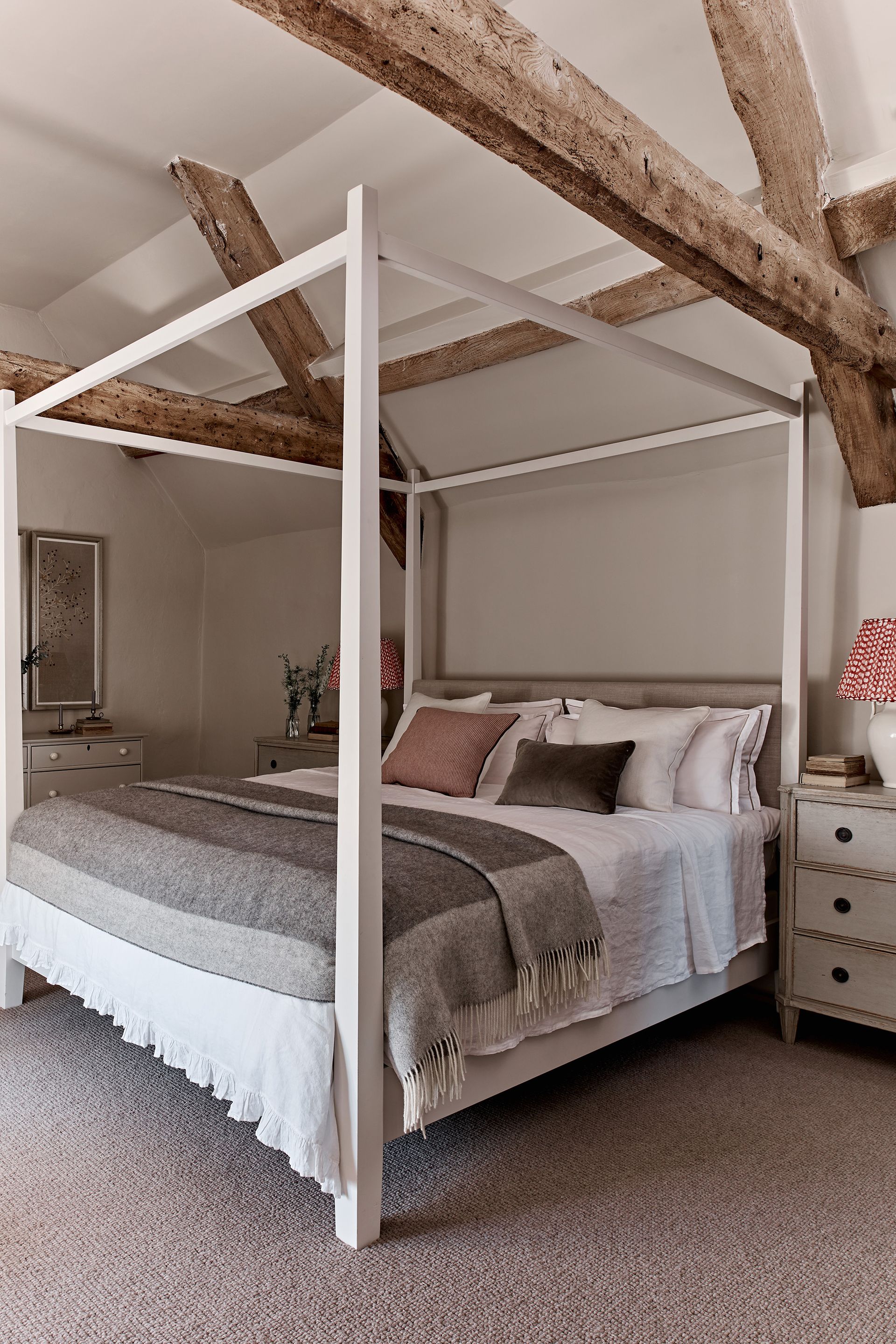 Beige bedroom at Farrow & Ball's Stoney Ground