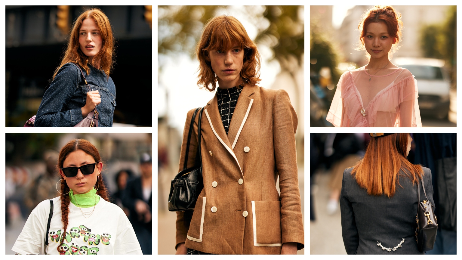 a collage of five women with copper red hair and stylish outfits