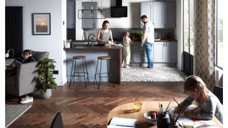 parquet engineered flooring in open plan kitchen diner